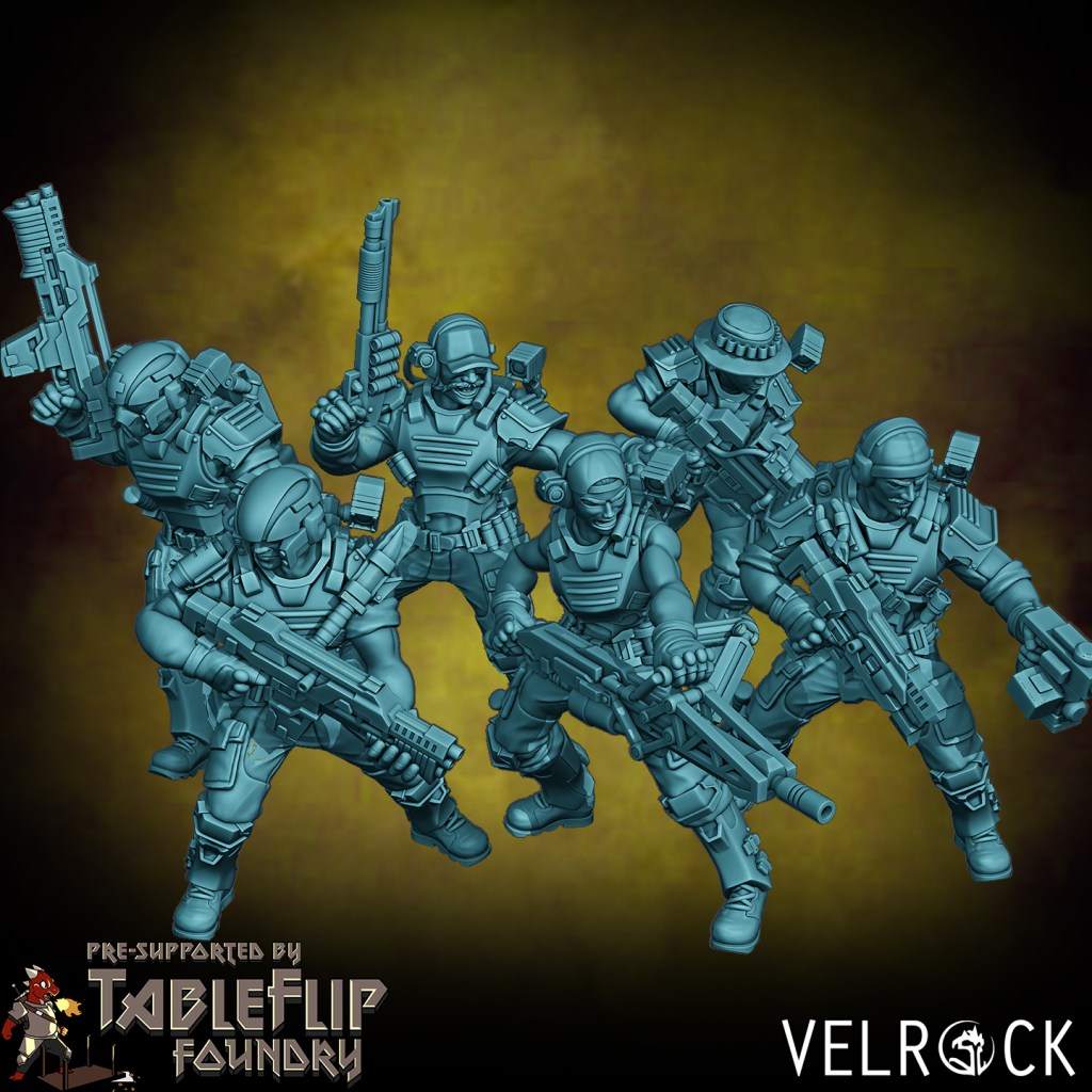 Renders of six colonial marine miniatures by Velrock Art Miniatures.